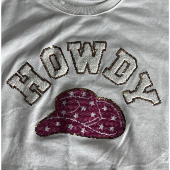 Blue B Howdy Sweatshirt White Pink Sequin Cowboy Hat Western Graphic Size L - Picture 3 of 7